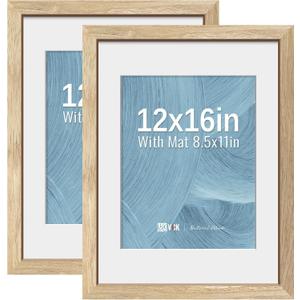 VCK 12x16 Picture Frame 2 Pack - Natural Wood Grain, High-End Wood Poster Frames with Tempered Glass, Display 8.5x11 Photo with Mat or 12x16 without Mat, Art Gallery-Quality, Wall Hanging, Natural