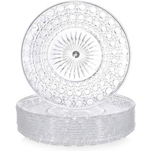 10 Pcs Round Plastic Serving Platters Bulk Clear Plastic Tray Acrylic Crystal Flan Plates Diamond Embossed Dinnerware for Party Food Cake Cookie Fruits Birthday Wedding Supplies(9.8 Inch)