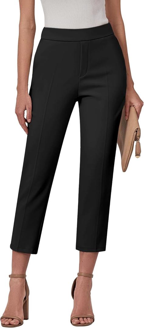 GRAPENT Capri Pants for Women High Waisted Pull On Dress Pants Slim Straight Leg Stretchy Waist Capris Trousers Pants (Large, Black)