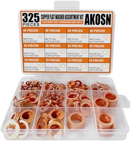 325 PCS, 10 Sizes, Premium Copper Metric Sealing Crush Washers Assortment Kit, Upgraded Flat Ring Oil Drain Plug Crush Washer Gasket Seal Assortment Set, Banjo Bolt Washer for Automotive, Motorcycles