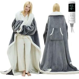 Wearable Heated Blanket with Foot Pocket - Electric Blanket Throw with Sleeves, Heated Snuggle for Women or Adults, Heated Robe with Multi Heat Settings, 1-12 Hours Auto Shut Off (50''x70'' Grey)