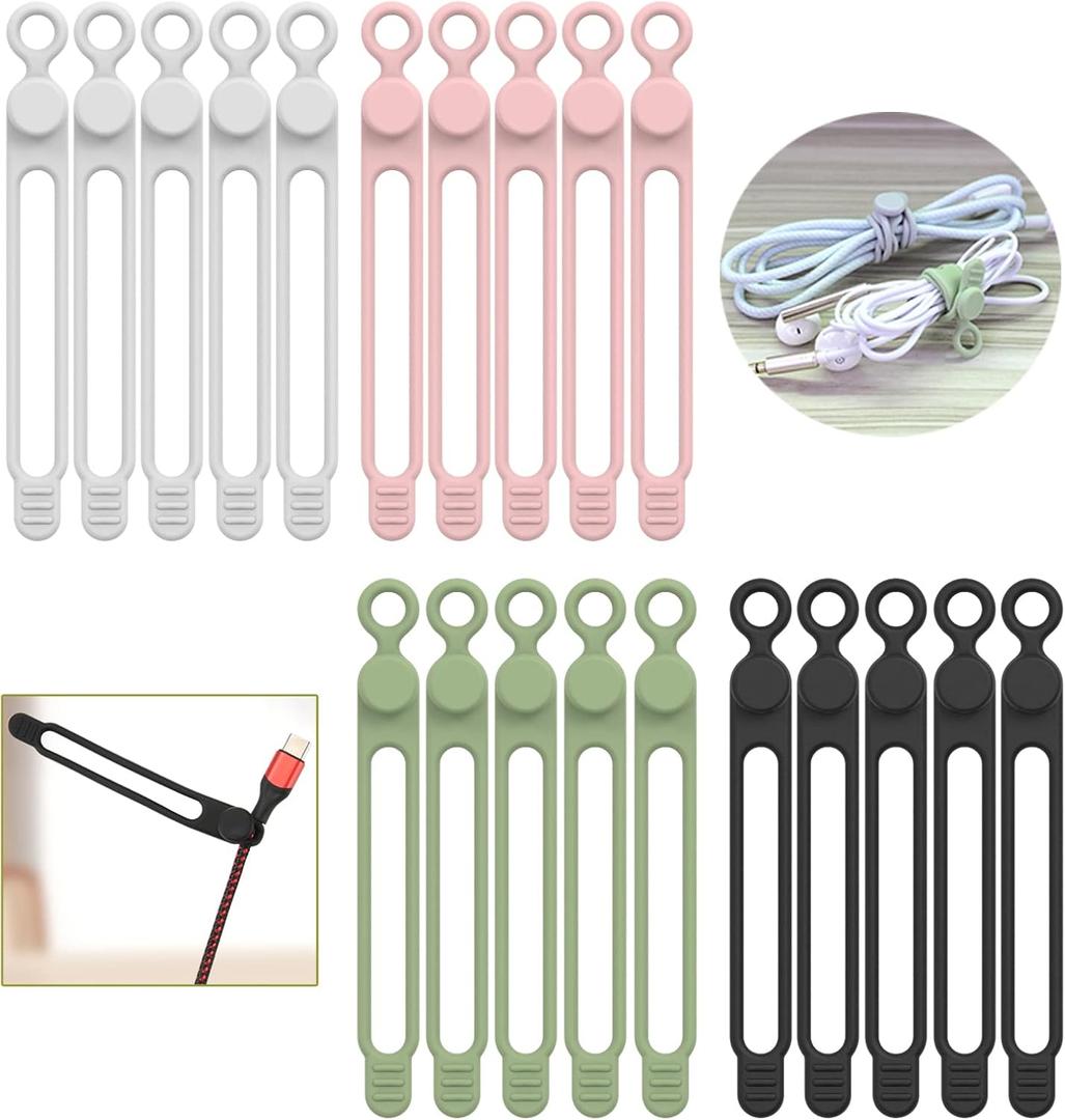 [20Park]UMUST Silicone Cable Ties,Reusable Cable Management Organizer, Multipurpose Elastic Cord Organizer for Bundling and Fastening Cable Cords Wires(black,white,pink,green) (4.2Inch)