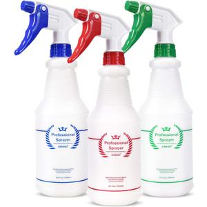 Uineko Plastic Spray Bottle (3 Pack, 24 Oz, 3 Colors) Heavy Duty All-Purpose Empty Spraying Leak Proof Mist Water Bottles for Cleaning Solutions Plants Essential Oils Hair Pet with Adjustable Nozzle
