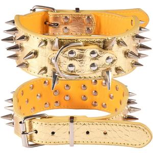 Spiked Dog Collar  2 Inch Wide Leather Dog Collar with Spikes for Medium Large Dogs, Punk Style Croc Pattern Protective Collar for Pitbull Mastiff Rottweiler (Gold, XXL (20.47  23.62 in))