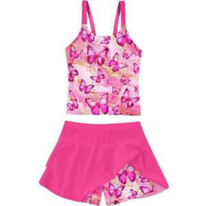 ALISISTER Girls Tankini Swimsuit Two Piece Bathing Suits Summer Beach Swimwear with Shorts for 7-12 Years (04 Butterflies)