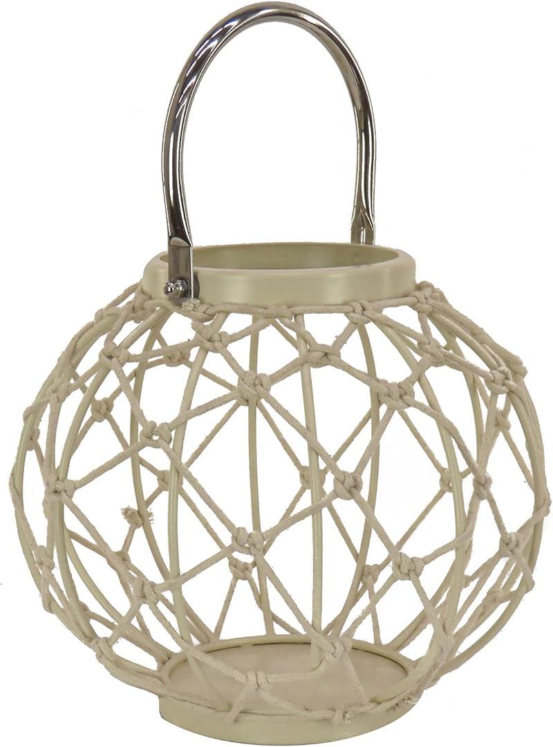 Lantern Candleholder, Woven Rope Construction, Bleached Sand, Modern Design and Finish, Includes Metal Handle, 9 Inches