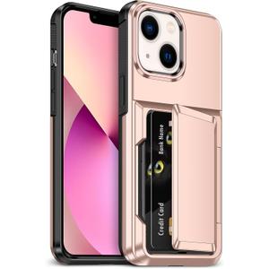 for iPhone 13 Case with Card Holder [Max 5 Cards] Heavy Duty Protective Shockproof Case Dual Layer Hidden Sliding Card Slot Wallet Case for iPhone 13 Phone Case Women&Men 6.1'' Rose Gold