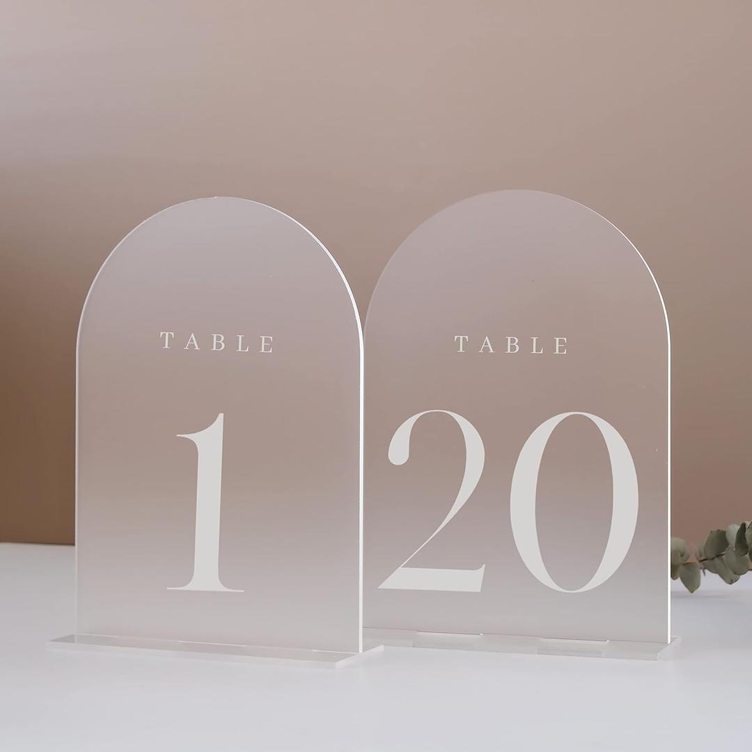Frosted Arch Table Numbers 1-20 for Wedding, 20 Pack 5x7 Acrylic Signs With Holder, Perfect for Centerpiece Decoration