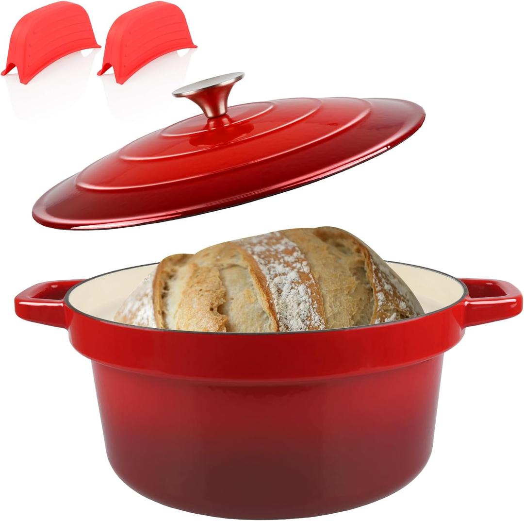 CUKOR 7QT Dutch Oven Pot With Lid, Ceramic Dutch Ovens for Sourdough Bread Baking, Enameled Cast Iron Bread Cooking Pot, Non-Stick, Oven Safe (10 Pcs Bread Paper Liners) (Red)