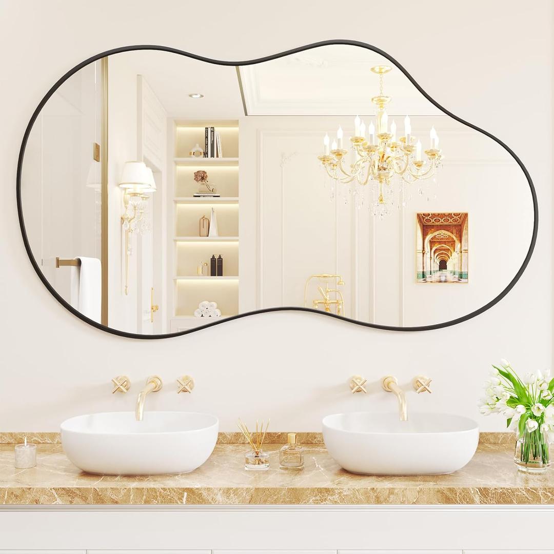 WEER Irregular Wall Mirror, 26x46 inch Black Asymmetrical Mirror Wall Mounted Mirrors Decorative, Abstract Wavy Aluminum Alloy Frame Mirror for Bathroom, Bedroom, Living Room, Entryway