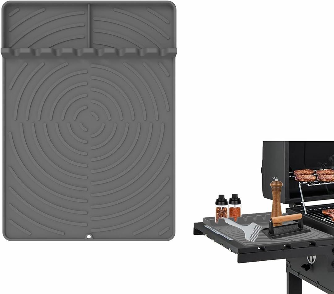 2 x Silicone Grill Mat for Blackstone Grill Accessories, Heat Resistant Griddle Tools Mat with Drip Pad, BBQ Spatula Mat for Outdoor Grill and Kitchen Counter, gray