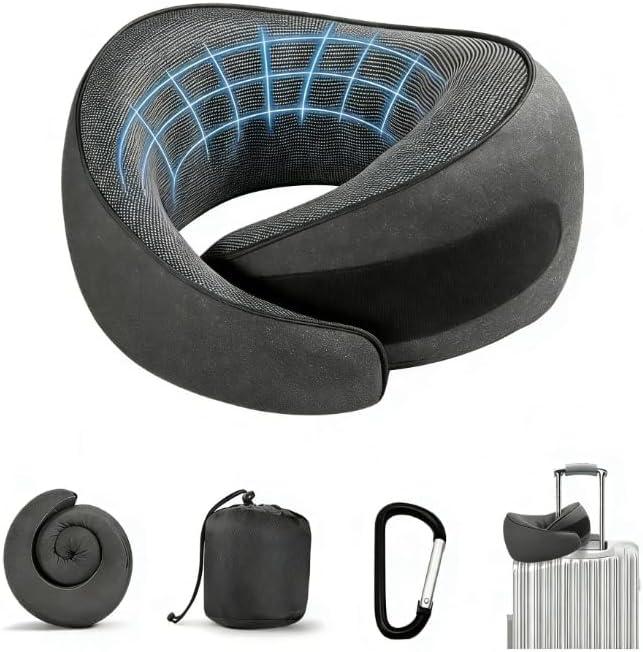 SZXYX Travel Pillows for Airplanes, 100% Pure Memory Foam Neck Pillow for Airplanes, Comfortable Breathable Cover, 360 Support Stowable Pillows for Sleeping, Car, Airport Travel Essentials Black