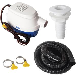 12V 1200 GPH Automatic Boat Bilge Water Pump, 1-1/8 Inch Dia Automatic Boat Bilge Pump Hose Kit, 6.5 FT Kink-Free PVC Hose, 2 Stainless Steel Clamps and ABS Thru-Hull Fitting (Five-Piece)