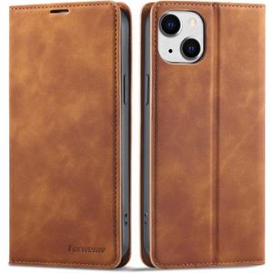 EYZUTAK Premium PU Leather Flip Folio Case for iPhone 15 Plus, Magnetic Closure Protective Case Kickstand Function Card Cash Slots Shockproof Durable Wallet Cover Soft TPU Inner Phone Case - Brown