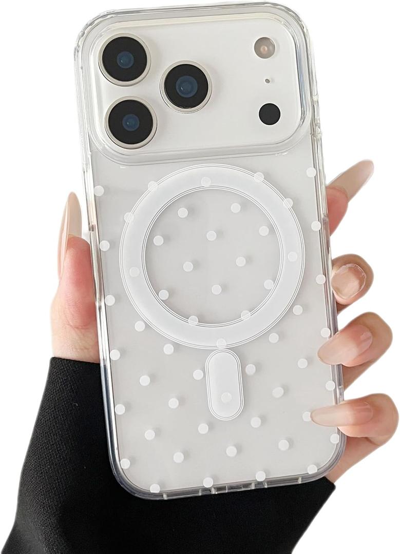 ZTOFERA Magnetic for iPhone 17 Pro Case,Cute Polka Dot Phone Case Aesthetic Striped Clear Trendy Slim Soft Shockproof Protective Phone Cover for Women Girls,White Dot