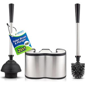 UMIEN Toilet Brush and Plunger Set 18-in - Updated 2025 No-Rust - Stainless Steel Design - Long Handles - with Freestanding Canister