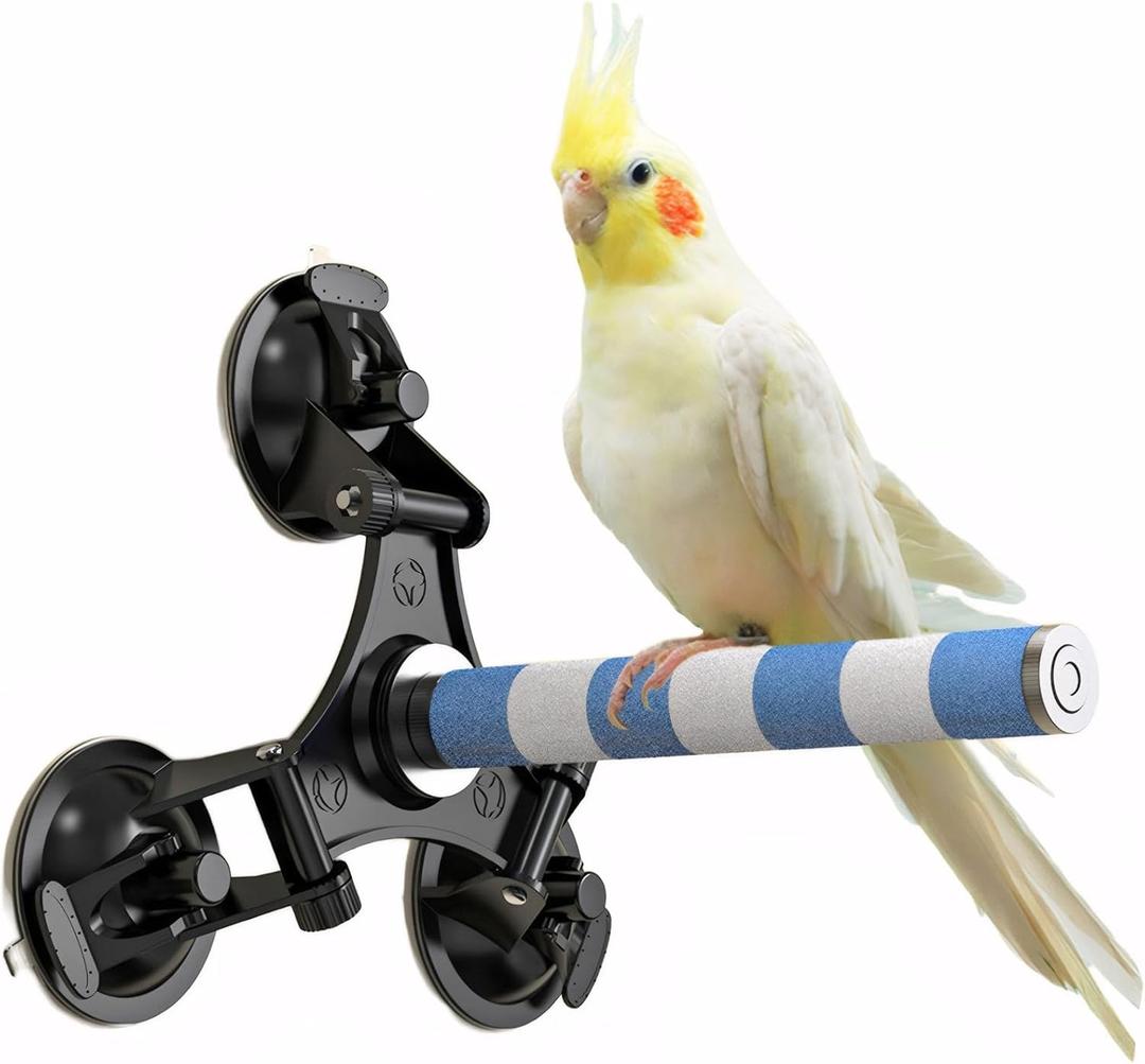 Suction Cup Bird Perch Natural Quartz Sand Trimming Paws, Triple Powerful Suction Cups, Ideal Bird Window Perch for Any Smooth Surface (0.8in)