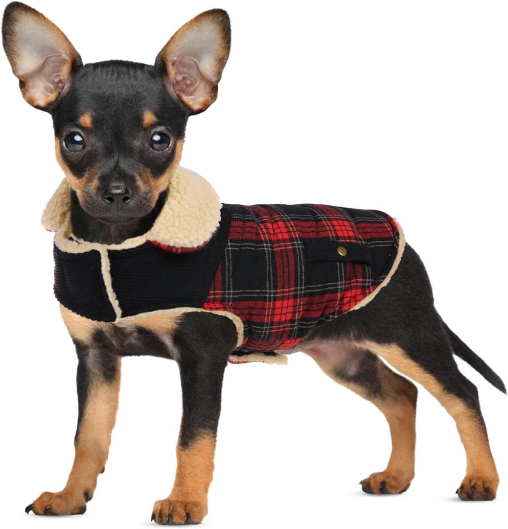 Winter Coat for Small and Medium Dogs, Puppy Plaid Jacket, Cotton Coat for Cold Weather, Windproof Warm Dog Garments, Pet Thickened Outfits Indoor Outdoor, Red S