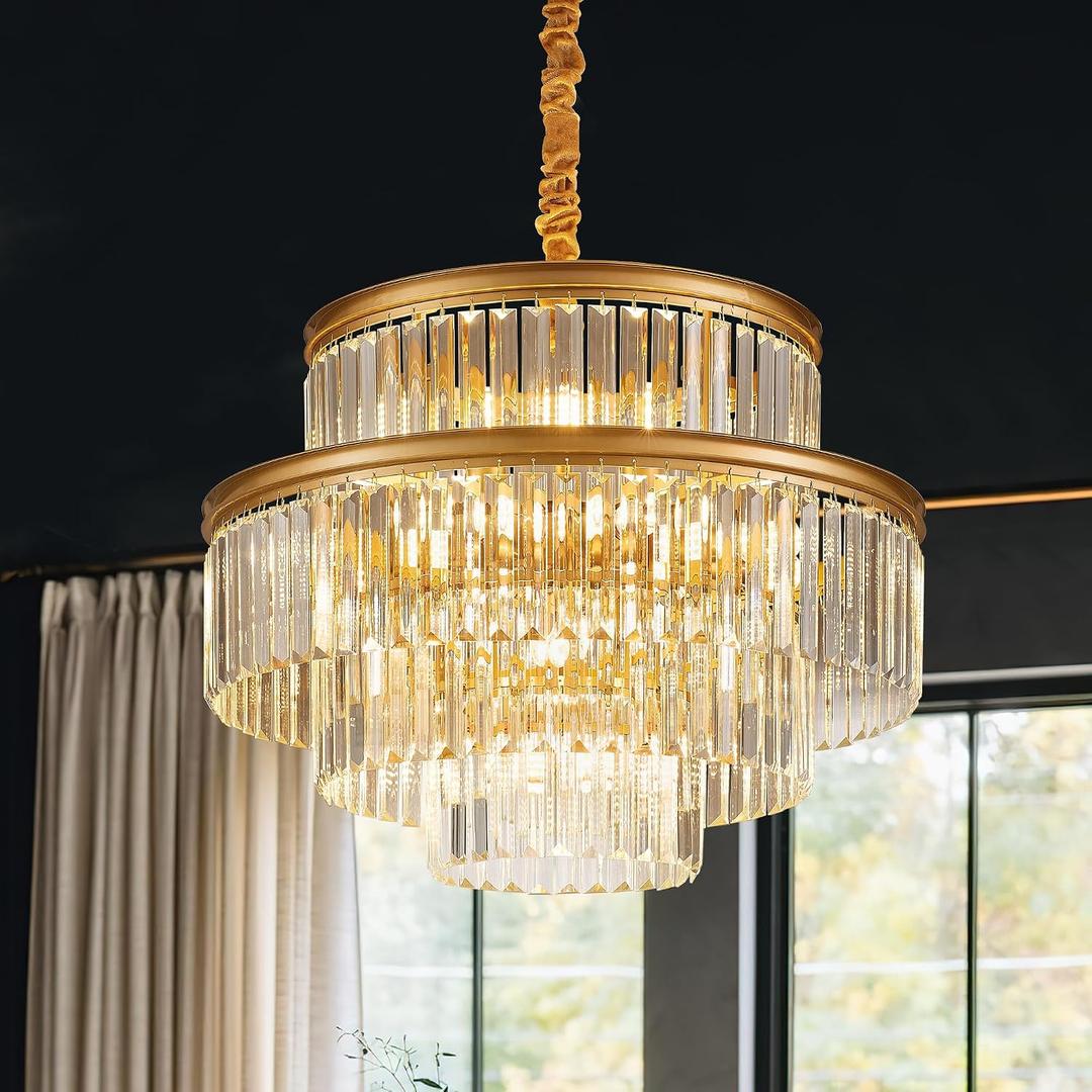 21.6" 14-Light Modern Crystal Chandelier Light Fixtures 4-Tier Gold Luxury Chandeliers for Dining Room Round Hanging Pendant Lighting for Living Room Kitchen Entryway Bedroom Foyer Hallway