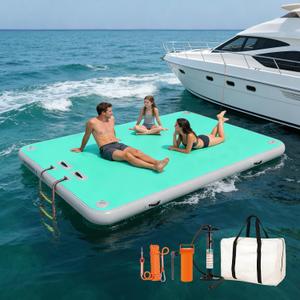 Inflatable Floating Dock, Water Island Float Raft Mat with Non-Slip Surface, Air Deck Platform, 6 Inch Thick for Pool, Lake, River, Beach, Ocean (Mint Green, 5 ft x 6.6 ft x 6")