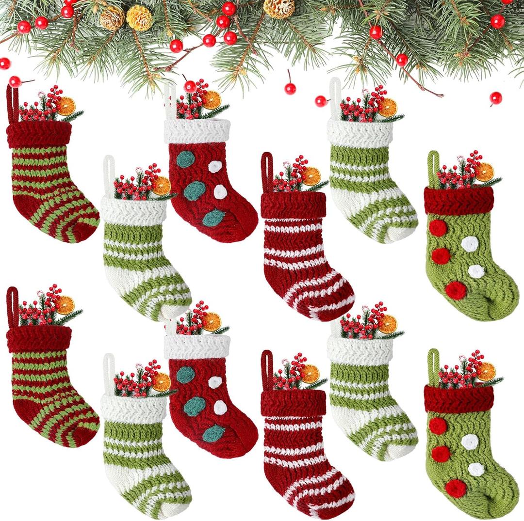 Jiuguva 12 Pack 12 Pack 2x5 Inch Mini Christmas Stockings Bulk Knit Red and Green Small Stocking for Xmas Tree Fireplace Gift Present Filled Christmas Tree Ornament Hanging Decorations (Cute)