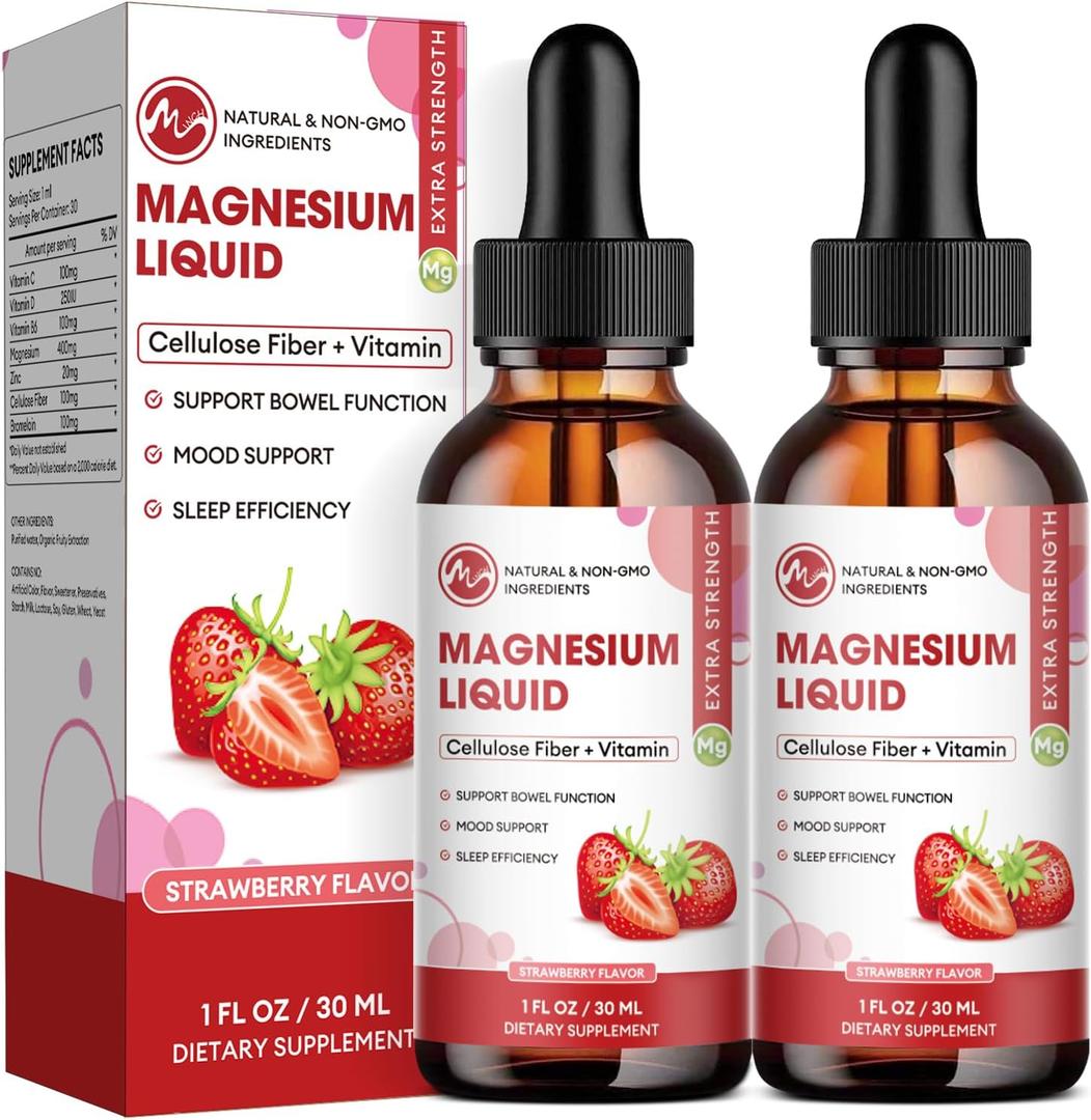 M inch Magnesium Glycinate Liquid, High Absorption Magnesium Liquid Drops with Cellulose Fiber, Bromelain, Vitamin B6, C, D, Zinc, Magnesium Supplement for Kids and Adults, Strawberry Flavor, Pack of 2