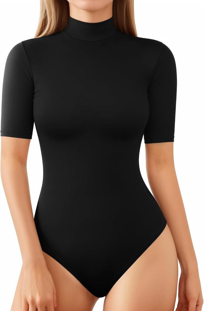 MANGOPOP Womens Mock Turtle Neck Bodysuits Half Elbow Short 3/4 Sleeve Bodysuit for Going Out, L