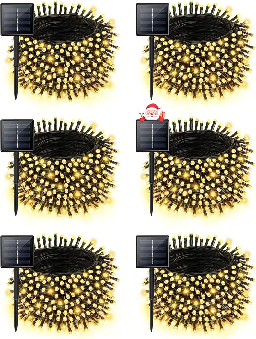 6 Pack Christmas Solar String Lights Outdoor Waterproof, 198FT 600 LED Green Wire Solar Fairy Lights with 8 Modes, Solar Twinkle Lights for Garden Tree Patio Fence Christmas Decorations (Warm White)