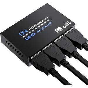 HDMI Splitter 1 in 4 Out 4K@30Hz, Powered 1x4 HDMI Video Splitter 4 Ports with Power Cord, Duplicate/Mirror Screen, Supports UltralHD 3D 1080P HDCP 1.4 for HDTV, STB, DVD, PS5/4/3, Projector, Etc