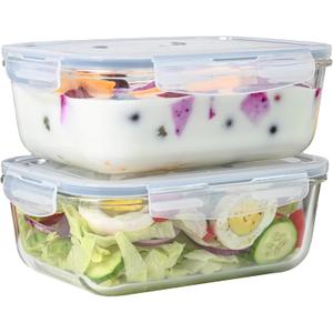 4pc Set of 8 Cup Large Glass Food Storage Containers with Lids - Airtight Meal Prep Container with Lid Lock - Freezer Microwave & Oven Safe Clear Lunch Bowl, Stackable Baking Pantry Organizer
