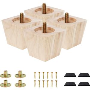 Furniture feet Table Legs Couch Legs Unfinished Square Bed Feet 2 inch Wood Replacement Leg for Furniture Set of 4, Natural (4set, 2in)