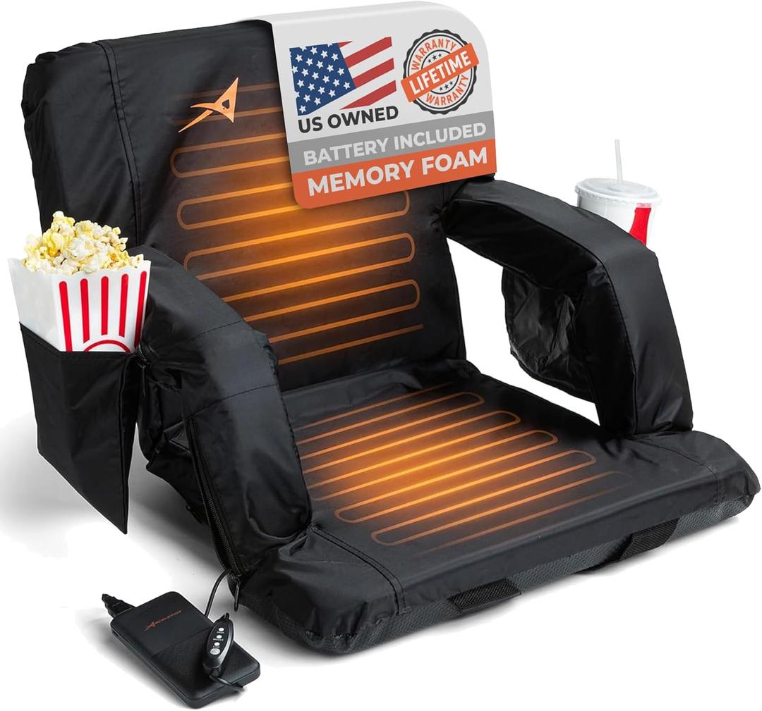 Aceletiqs Double Heated Stadium Bleacher Seat, 20-Inch Wide, Foam, Foldable, Cup Holders, Arm Rest, Reclining, Adjustable Backrest (Standard Width 20")