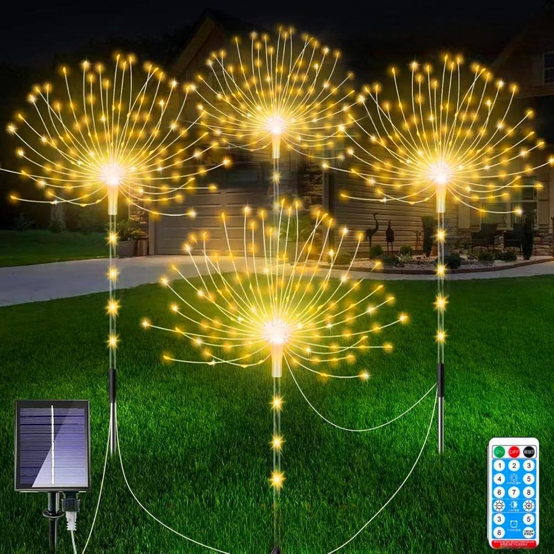 4 Pack Outdoor Solar Decorative Lights with 480 LEDs, Waterproof Solar Firework Lights with 8 Modes, Suitable for Outdoor, Garden, Yard, Pathway and Landscape Decoration (Warm White 04)