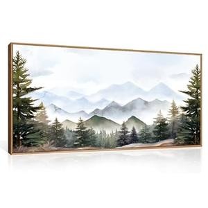 KAIRNE Framed Mountain Canvas Wall Art Set, Misty Forest Wall Decor, Green Pine Tree Wall Painting, Nature Widerness Landscape Art Print for Living Room, Bedroom, Study, Gallery - Large Size 20"x40."