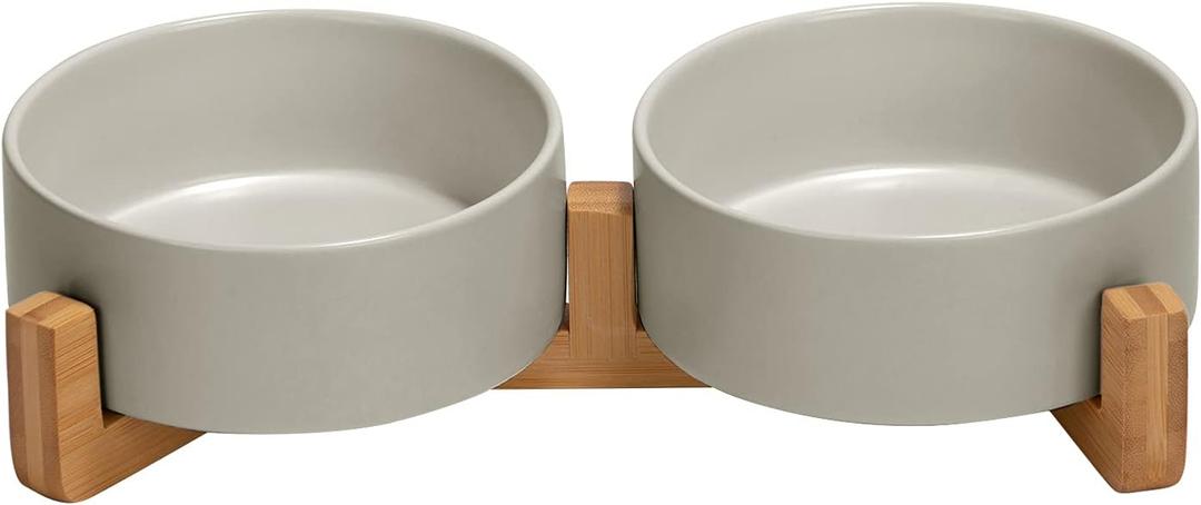 SPUNKYJUNKY Ceramic Dog and Cat Bowl with Wood Stand Non-Slip Matte Glaze Weighted Food Water Set for Cats &Small Dogs 13.5OZ (1.7 CUPS, Grey  2)