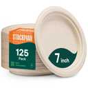 8 x Paper Plates, 100% Compostable Heavy Duty, Disposable 7 Inch, Small Dessert Plate - [125-Pack] Eco-Friendly, Biodegradable Bagasse Natural Brown 7" Small Plates - (PFAS-Free) - (BPI Certified)