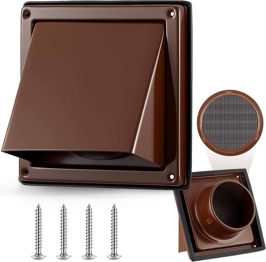 Gisafai 4 Inch Dryer Vent Cover Outdoor with Stainless Steel Screen Brown Wall Dryer Exhaust Vent Cover External Cap Cushioned Non Return Flap with Sealing Gasket Grille, Bird/Insect Proof