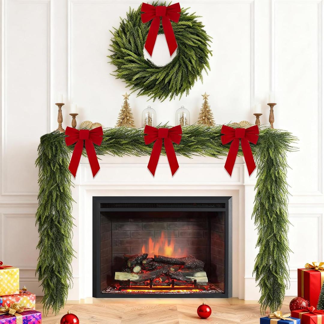 2PCS 6FT Artificial Norfolk Pine Garland Includes 4 Red Bows, Real Touch Faux Greenery Garland for Home, Wedding, Party Decor - Mantle, Staircase, Indoor Outdoor