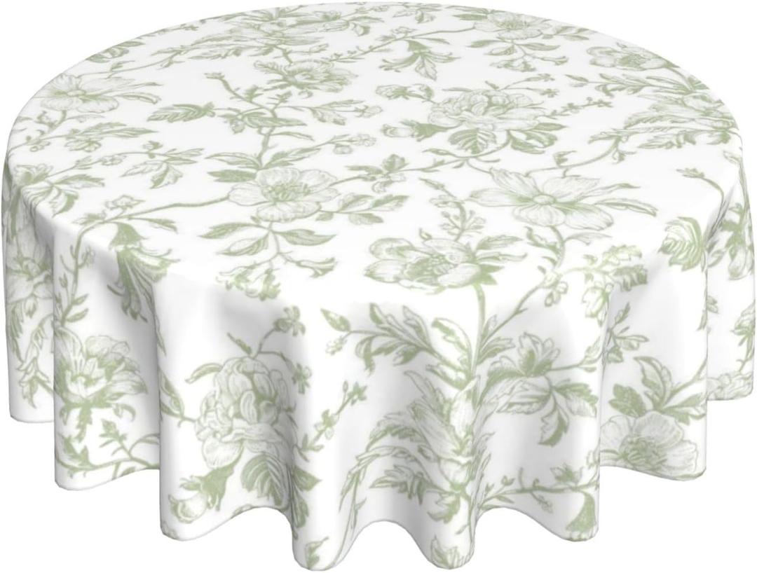 Sage Green Floral Round Tablecloth 70 Inch Chinoiserie Flower Toile Light Green Table Cloth Vintage Polyester Fabric Farmhouse Round Floral Table Cover for Party Picnic Kitchen Outdoor Decor