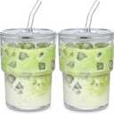 13oz Glass Tumbler with Straw and Lid, Leak Proof Iced Coffee Cup, Thick Wall BPA Free Drinking Glass Water Cups for Iced Coffee, Matcha, Smoothie and Travel-(Clear-2pack)