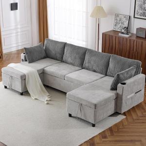 ERYE U-Shaped Pull Out Sleeper Couch Bed Symmetrical Sleeper Sectional Sofa Convertible Sofabed with Storage Chaises for Living Room, 113"