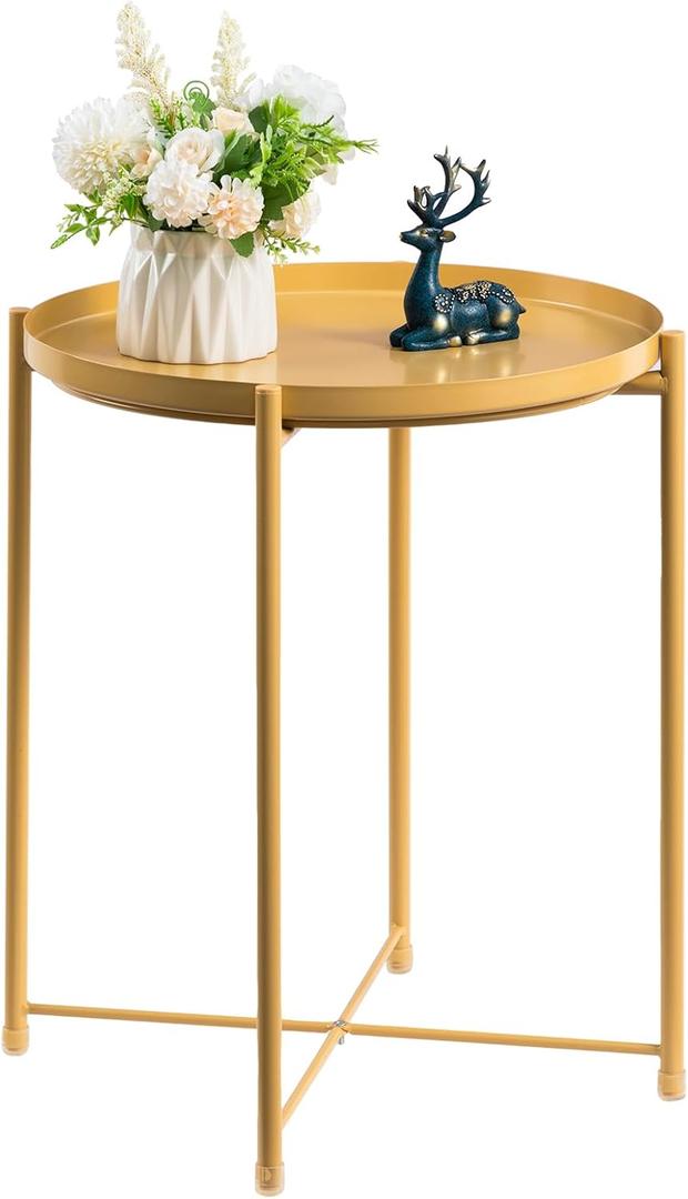 HollyHOME Round Metal Side Table, Outdoor Small Folding Accent Stand with Removable Tray, 17.72'' Portable End Table for Balconies, Gardens, Living Rooms and Bedrooms, Yellow