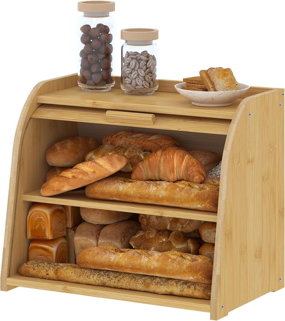 KITSANERY BREAD BOX FOR KITCHEN COUNTERTOP, BAMBOO BREAD STORAGE, DOUBLE-LAYER ROLL-TOP BREAD CONTAINER, FARMHOUSE BREAD HOLDER FOR HOMEMADE BREAD (NATURAL, DOUBLE LAYER)
