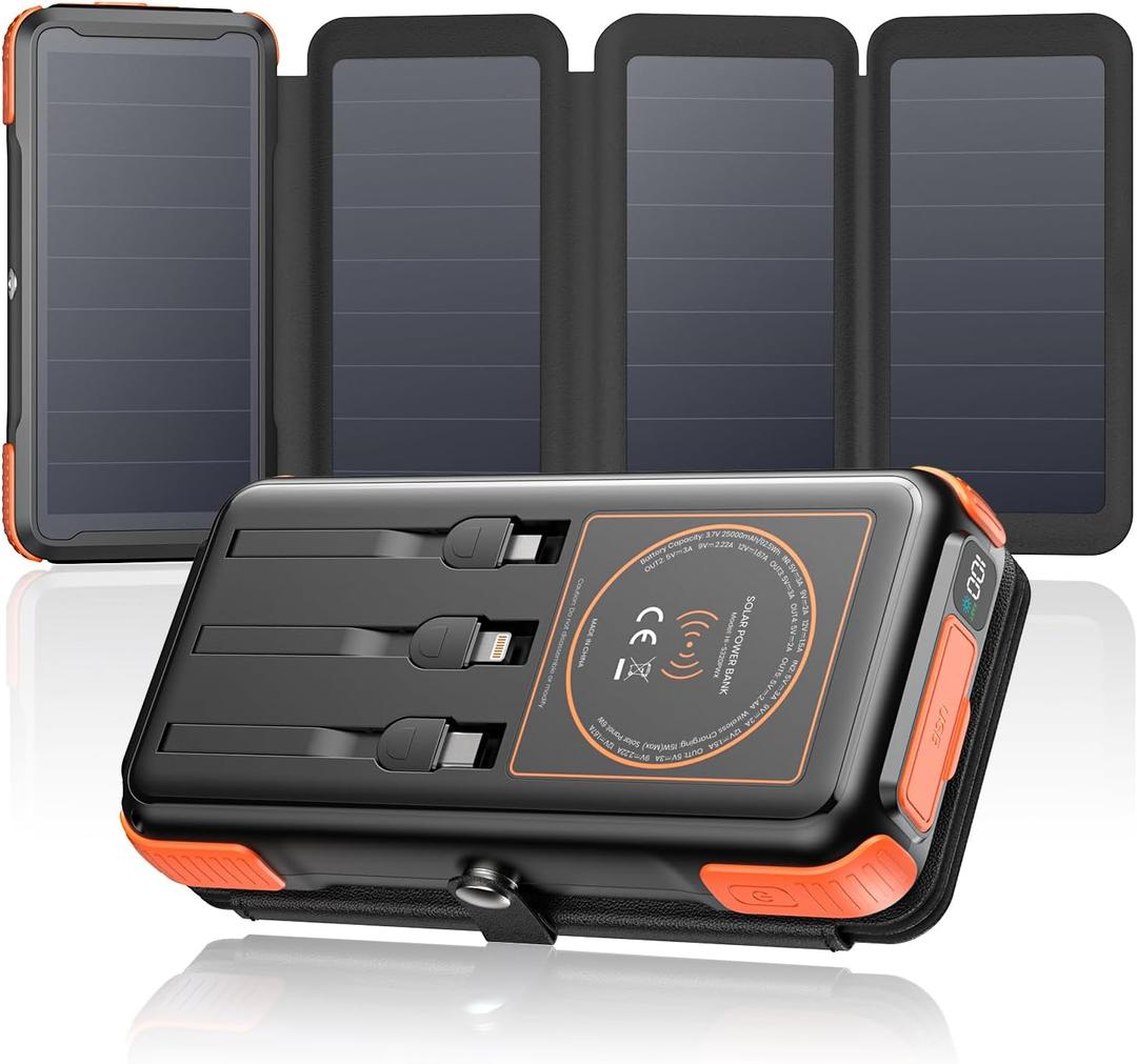SOARAISE Wireless Solar Power Bank, 25000mAh Solar Charger with Built-in 3 Cables, Dual Outputs, 4 Solar Panels & 3 LED Flashlights, Portable Phone Charger for Outdoor Camping (Orange)