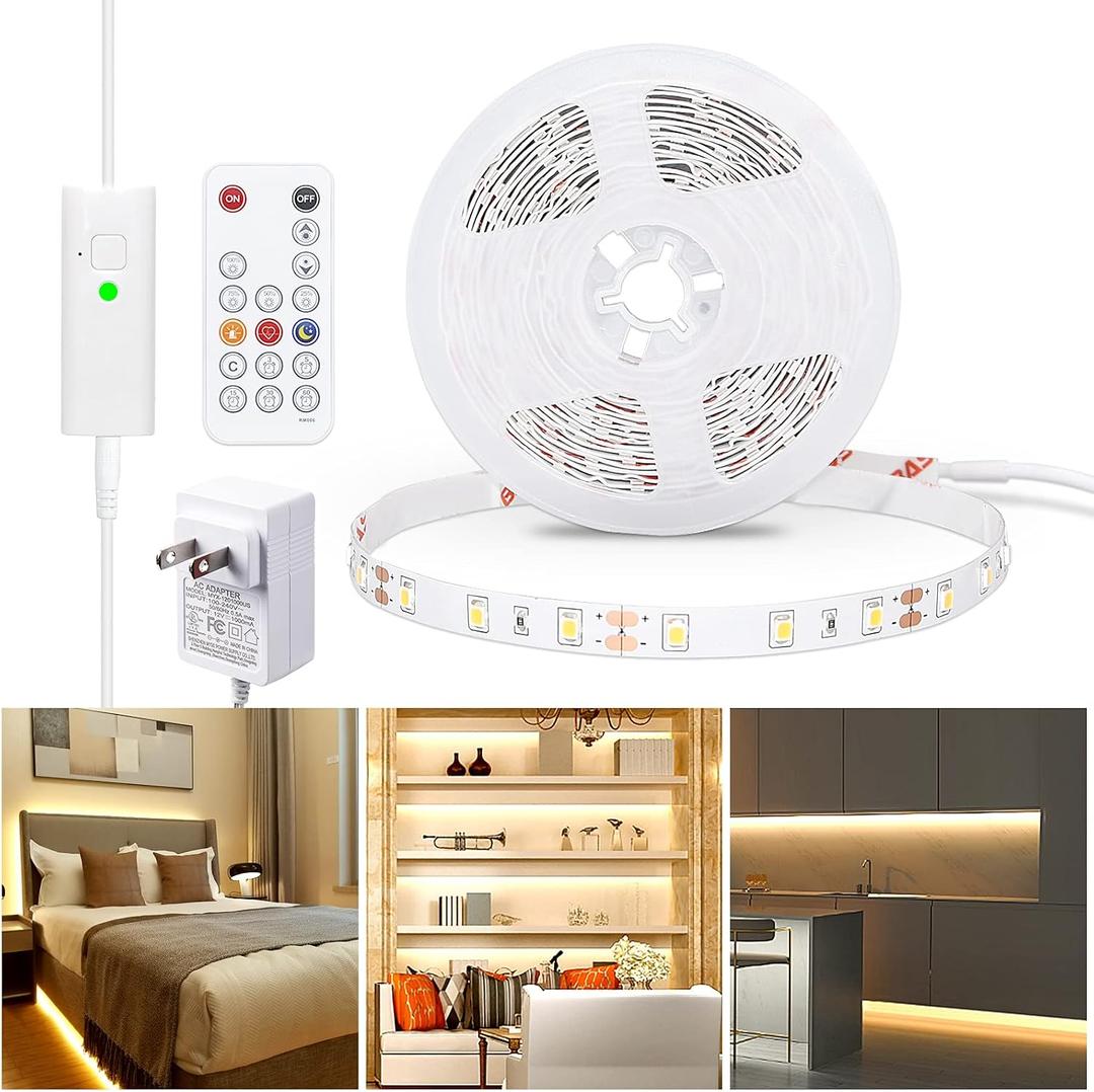 WOBANE Warm White LED Strip, Dimmable LED Light Strips with RF Remote and ETL Listed Adapter, 16.4ft Flexible Tape Lights for Kitchen,Under Cabinet,Bedroom, 3000K,300 LEDs Rope Light