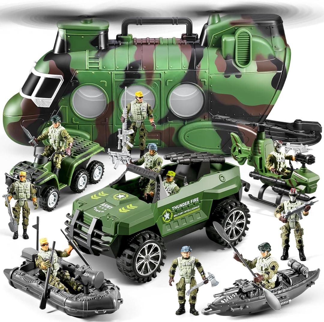 56-in-1 Army Men Toys Sets for Boys 4-7 8-12, Military Helicopter/Truck/Kayak Boat/Motorcycle/Army Men Action Figures/Weapon Gears, Army Toys for Boys Kids Birthday Gifts Party Favors