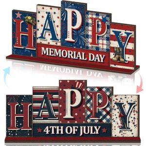 Yousoontic 4th of July Memorial Day Table Decorations Reversible Patriotic Wooden Sign Red White Blue Tabletop Centerpiece Farmhouse 250th Anniversary Decor for Home Office Desk Shelf Tiered Tray