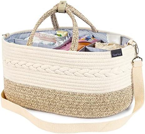 YeaYee Baby Diaper Caddy Organizer, X-Large, 5 Grids, 8 Pockets, Shoulder Strap Portable Nursery Storage Basket with 2 Changeable Compartments, 100% Cotton Woven Rope Bins, Newborn Gift Cream Beige
