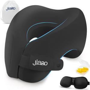 Jiaao Travel Pillow Memory Foam Neck Pillow for Airplanes with Adjustable Neck Support, Includes Eye Mask, Earplugs & Storage Bag - Perfect for Flights, Road Trips, and Trains