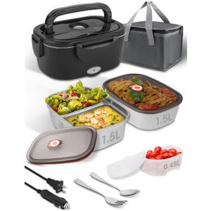 SOHIDA Electric-Lunch-Box-Heated-Food Warmer, 80W Heating Lunchbox for Adults, 2 Pack 1.5L Stainless Steel Containers, 12/24/110V Lonchera Elctrica Porttil for Work/Car